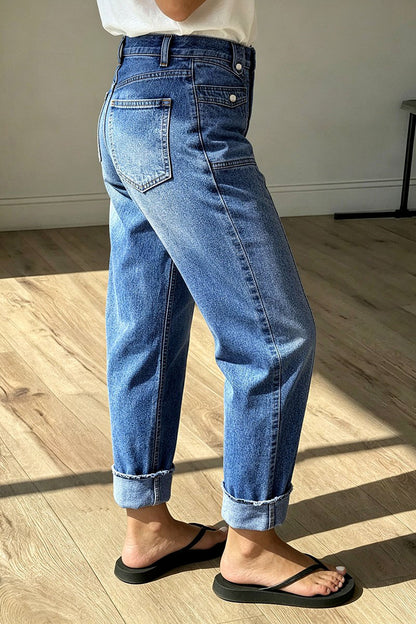 Roll & Raw Hem Stitch Detail Flap Decor High Waist Tapered Cropped Jeans