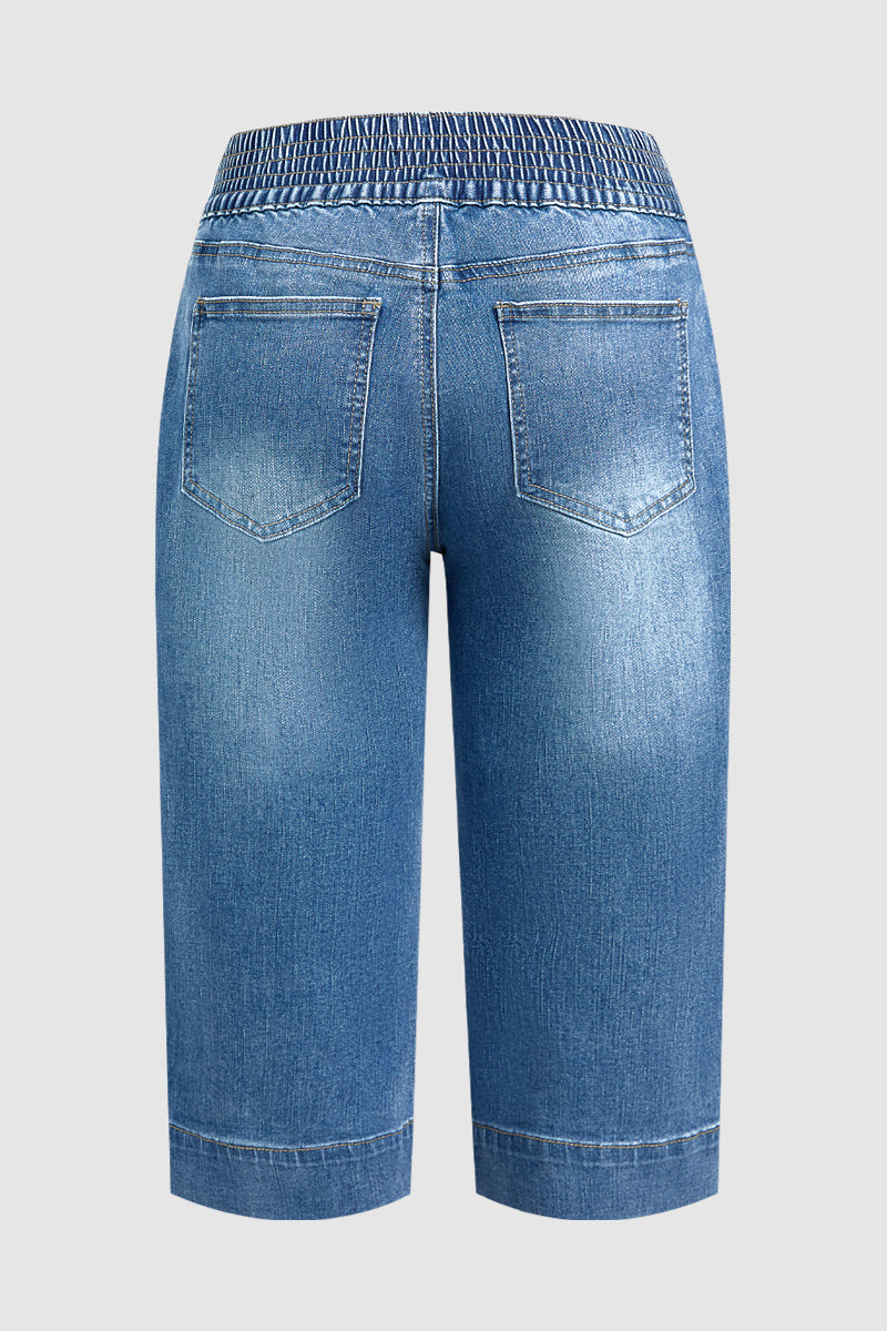Wash Button Tab Elastic Mid Rise Straight Leg Capri Jeans
