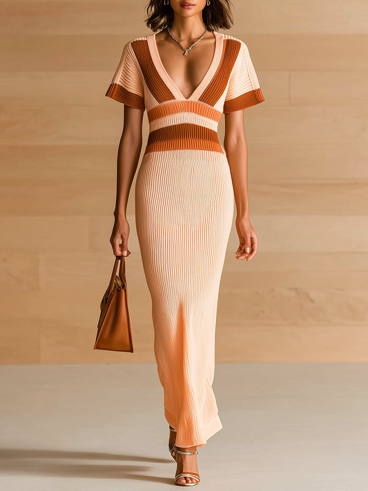 Stylish Elegant Peach Colorblock V-Neck Short-Sleeve Slim-Fit Ribbed Knit Maxi Dress