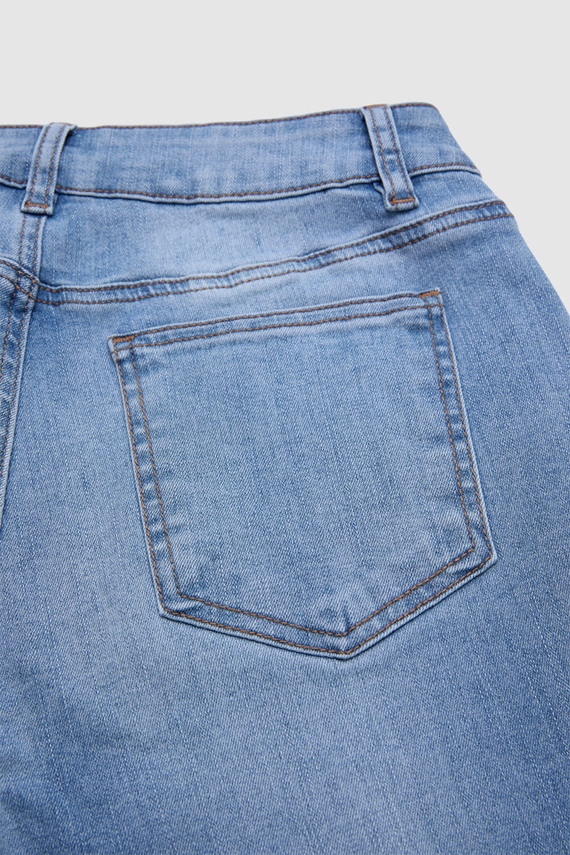 Wash Ripped Roll Hem Mid Rise Straight Leg Crop Jeans