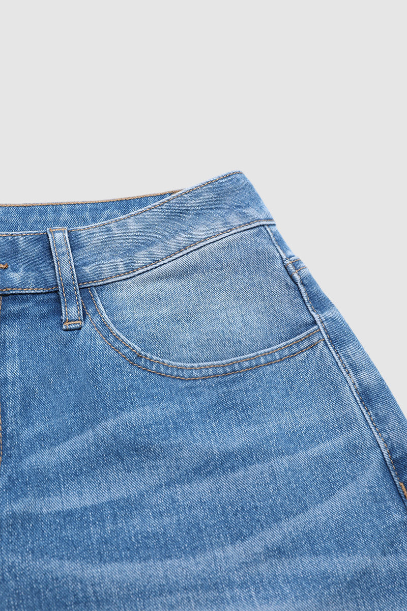 Wash Ripped Roll Hem Mid Waist Straight Leg Crop Jeans