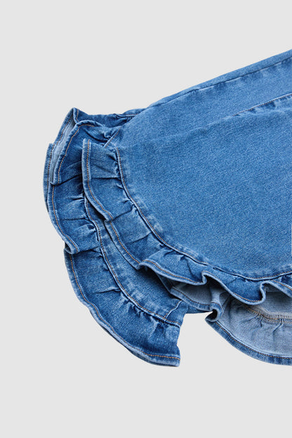 Wash Ripped Ruffle Hem High Rise Wide Leg Jeans
