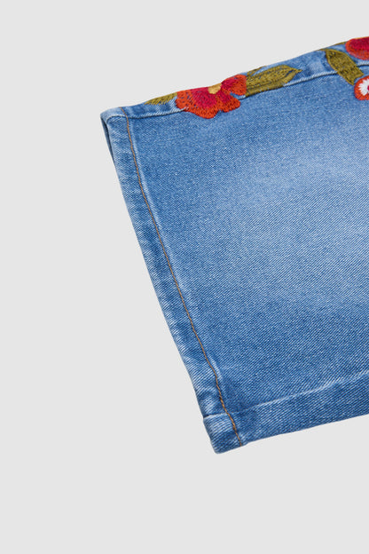 Wash Floral Embroidery V Yoke Mid Rise Straight Leg Denim Bermuda Shorts