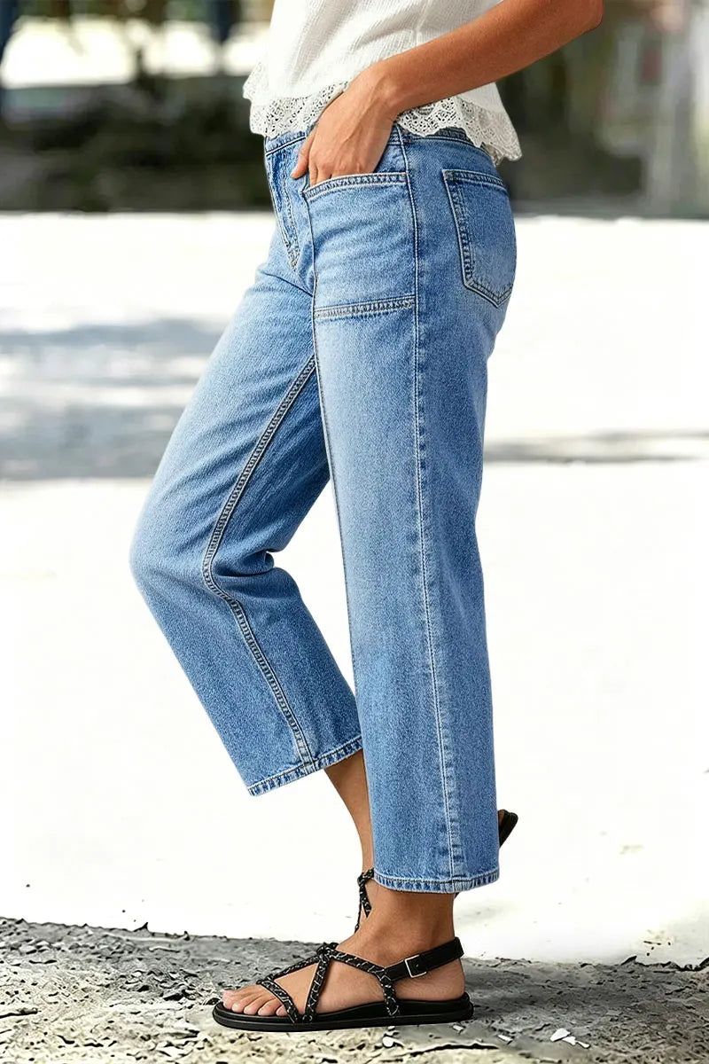 Wash Stitch Front Mid Rise Straight Leg Crop Jeans