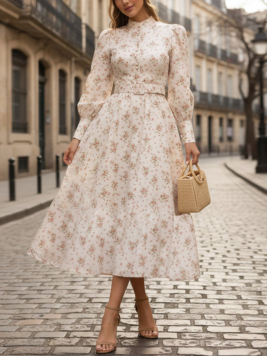 Robe midi en lin, manches longues, col montant, motif floral, boutonnée, vacances, vintage, rose