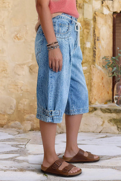 Wash Drawstring Adjustable Pleated High Waist Straight Leg Capri Jeans
