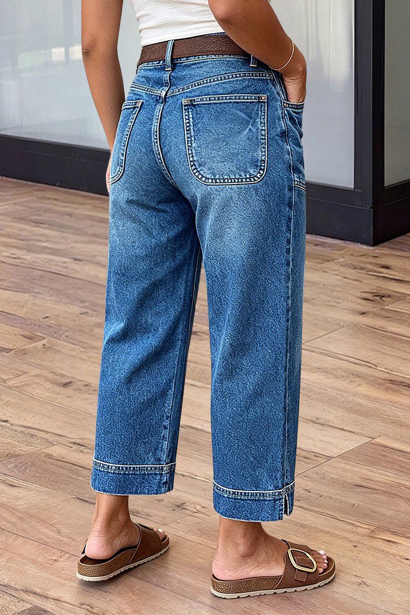 Wash Patch Pocket Split Hem High Rise Straight Leg Crop Jeans Without Belt