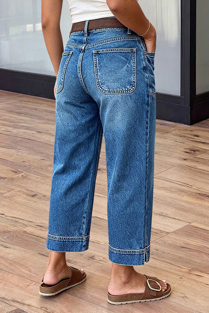 Wash Patch Pocket Split Hem High Rise Straight Leg Crop Jeans Without Belt