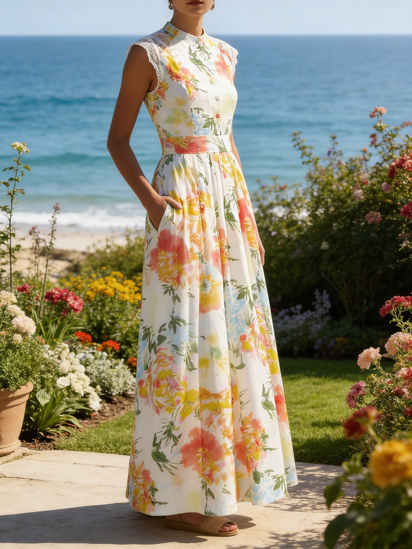 Robe longue en coton, sans manches, col en V, unie, dentelle, vintage, blanche