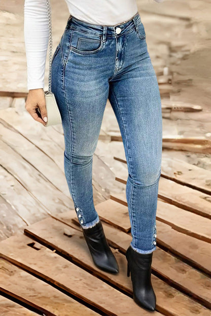 Pearl Button Side Raw Hem High Waist Skinny Jeans