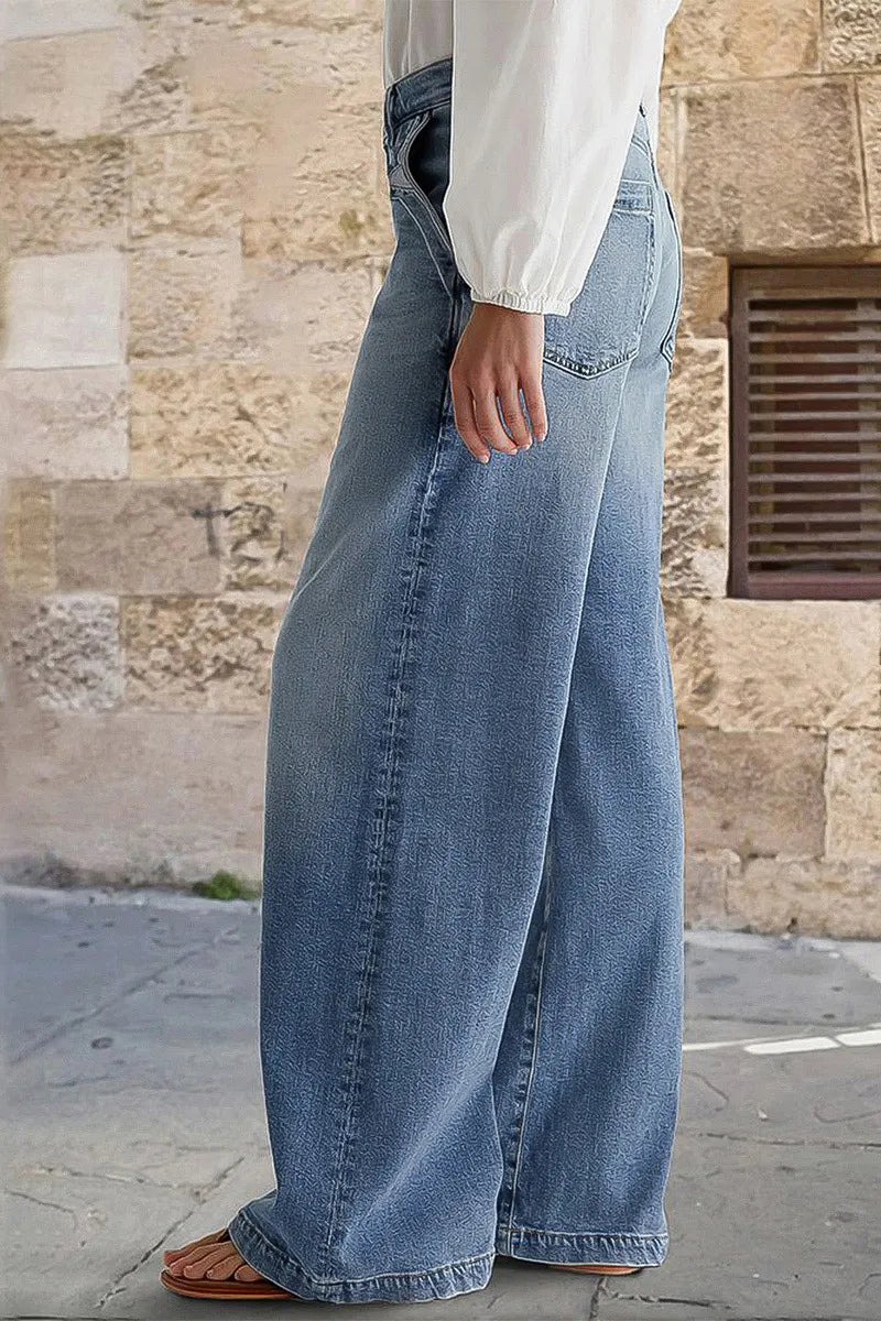 Wash Stitch Decor Wide Leg Mid Rise Jeans Without Belt