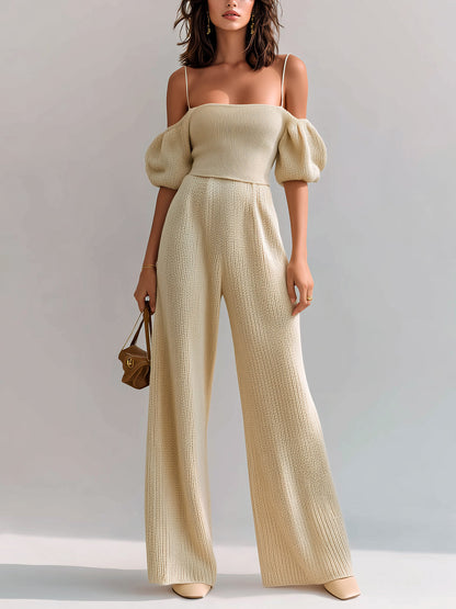Chic Elegant Beige Off-The-Shoulder Strappy Short-Sleeve Slim-Fit Top And High Waist Wide-Leg Knit Pants Two-Piece Set