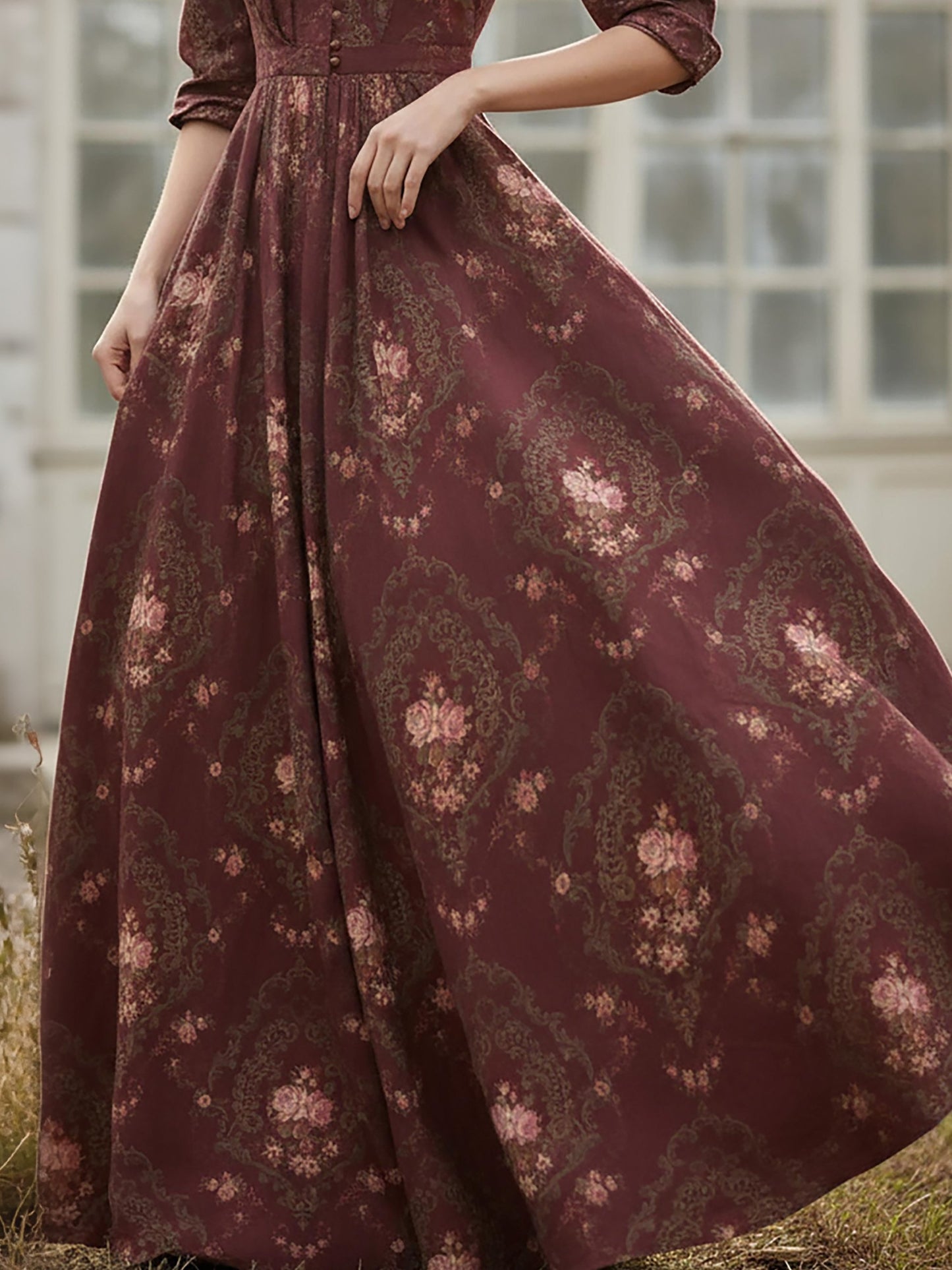 Robe longue en lin, manches longues, col montant, motif floral, boutonnée, style vintage, couleur rouge