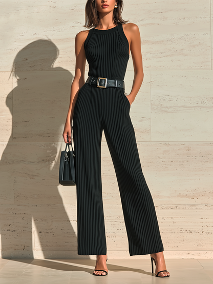 Chic Elegant Black Round Neck Sleeveless Slim Fit Belted WaistWide-Leg Ribbed Knit Jumpsuit