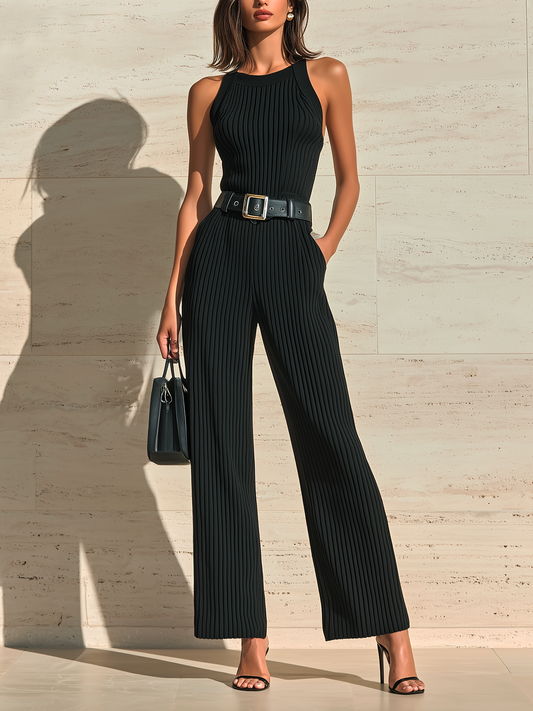 Chic Elegant Black Round Neck Sleeveless Slim Fit Belted WaistWide-Leg Ribbed Knit Jumpsuit